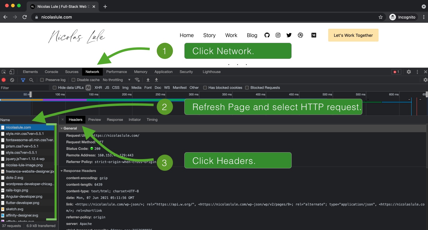 Steps to take to see HTTP Headers in Google Chrome.