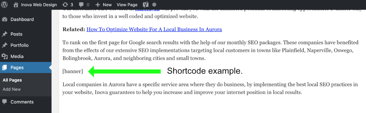 Example of a WordPress shortcode in the page editor.